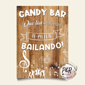 Cartel indicador "Candy bar”  fondo madera