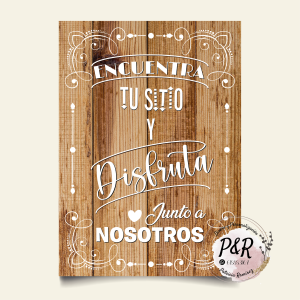 Cartel “Encuentra tu sitio” fondo madera
